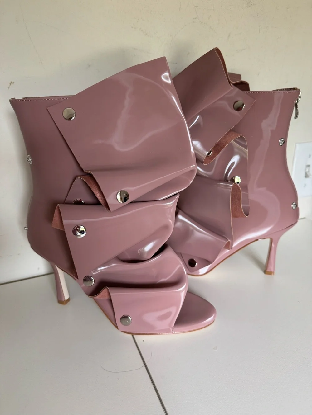 Ruffled Open-Toe Ankle Bootie in Dusty Rose